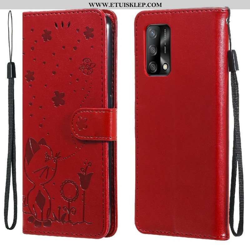 Etui Folio do Oppo A74 4G z Łańcuch Kot I Pszczoła Z Smyczą